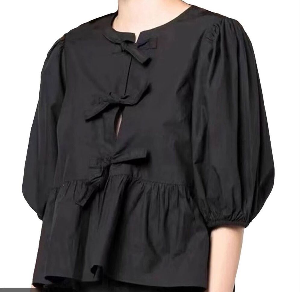 Amazon black tie front puff sleeve blouse size M